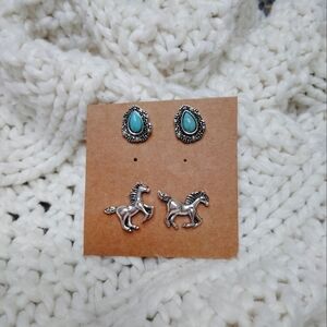 2 for 25$ Silver Horse Earrings with Turquoise Accents